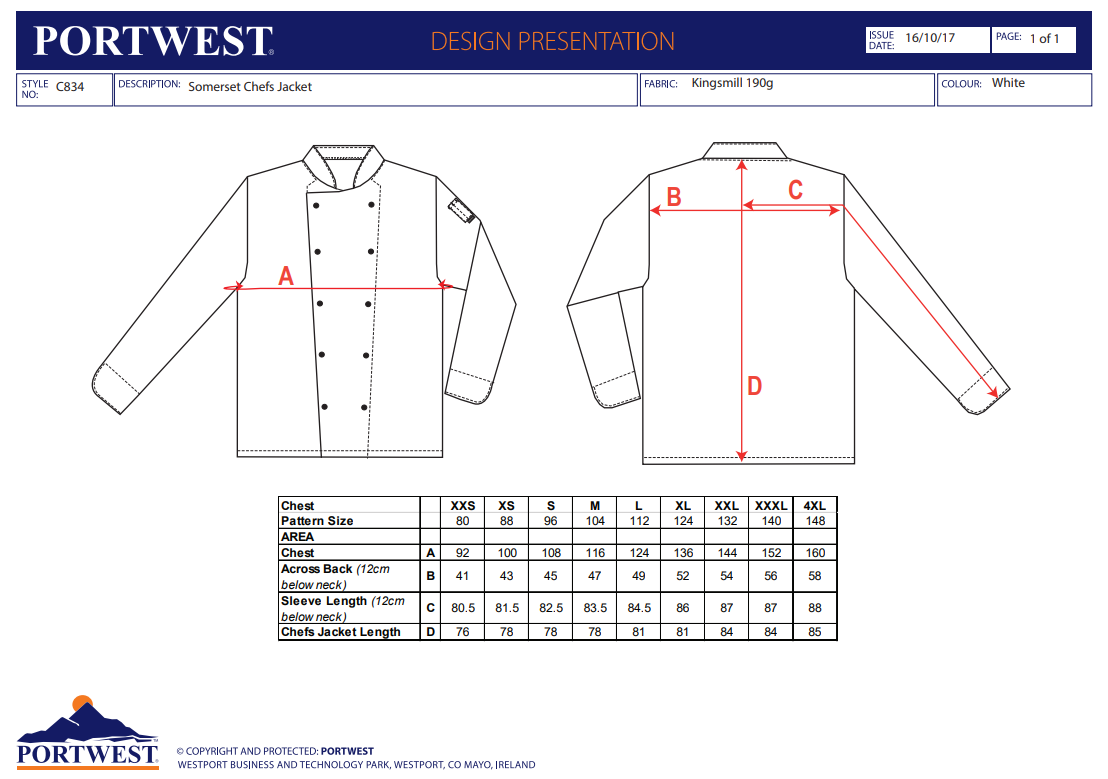 Kochjacke Somerset C834 Portwest schwarz/weiß (Gr.XS–XXXL)