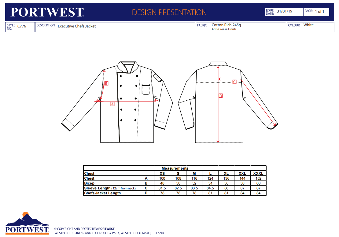 Kochjacke Executive C776 Portwest weiß (Gr.XS-XXXL)