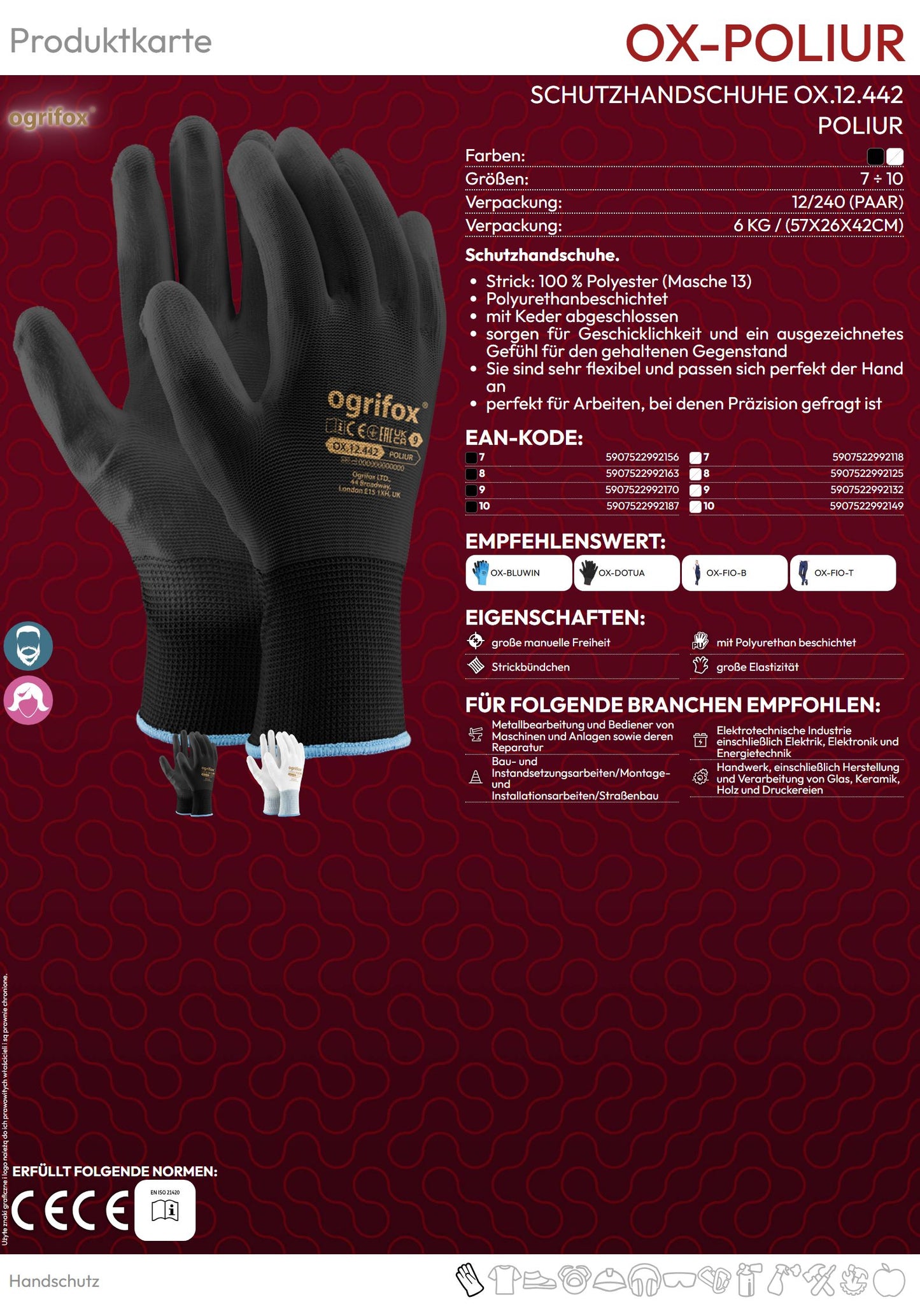 Nylonhandschuhe mit PU-Beschichtung OGRIFOX POLIUR schwarz (Gr.7-10)