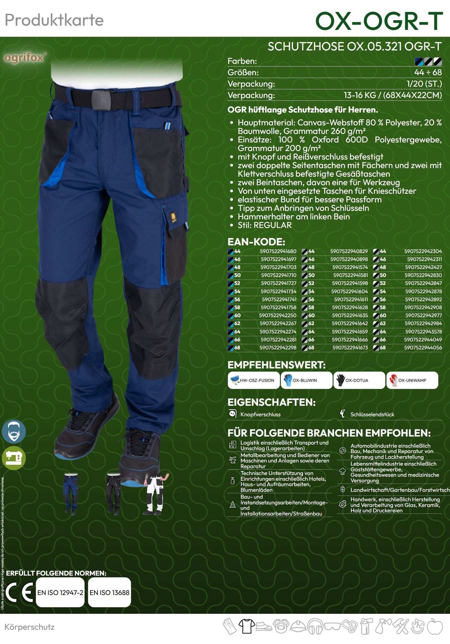 Arbeitshose OGRIFOX 260 g/m² weiß/schwarz/grau (Gr.46-60)