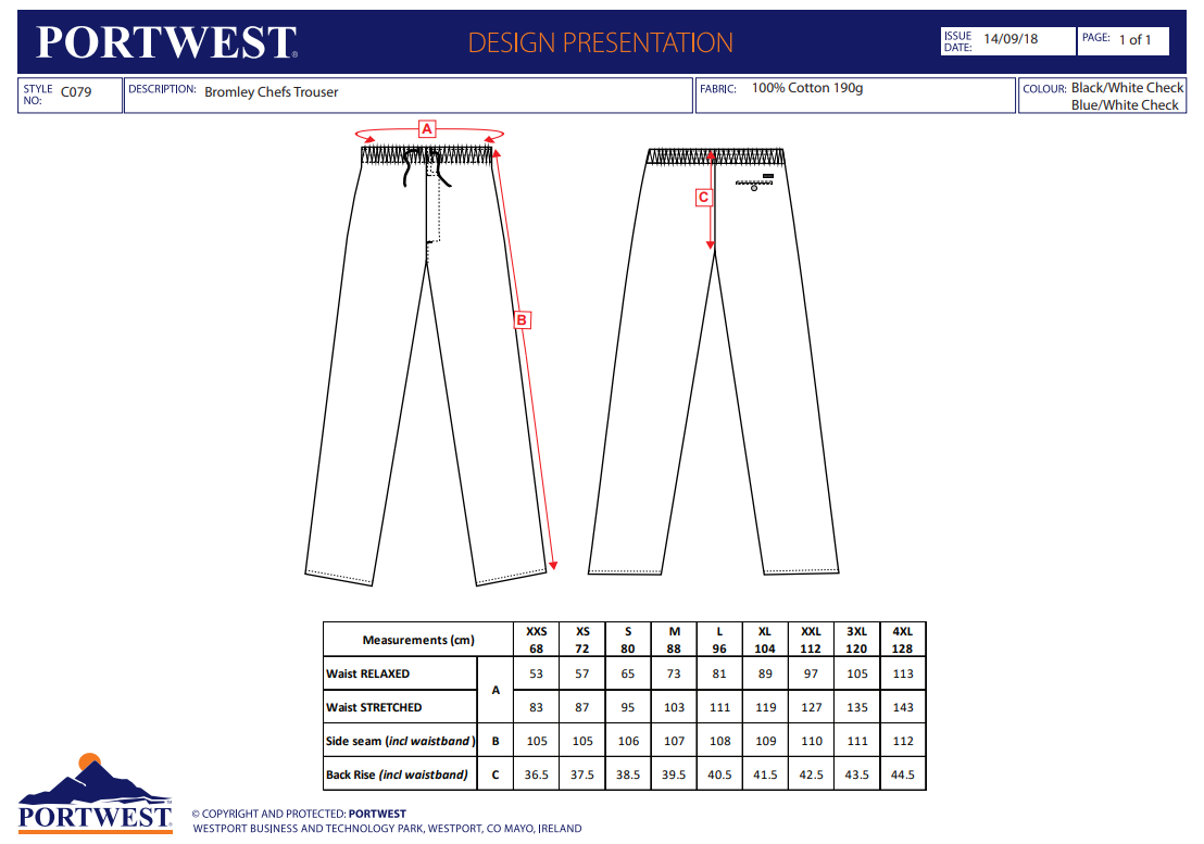 Kochhose mit Kordelzug C079 Portwest kariert blau/weiß (Gr.XS–4XL)