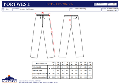 Kochhose mit Kordelzug C079 Portwest kariert blau/weiß (Gr.XS–4XL)