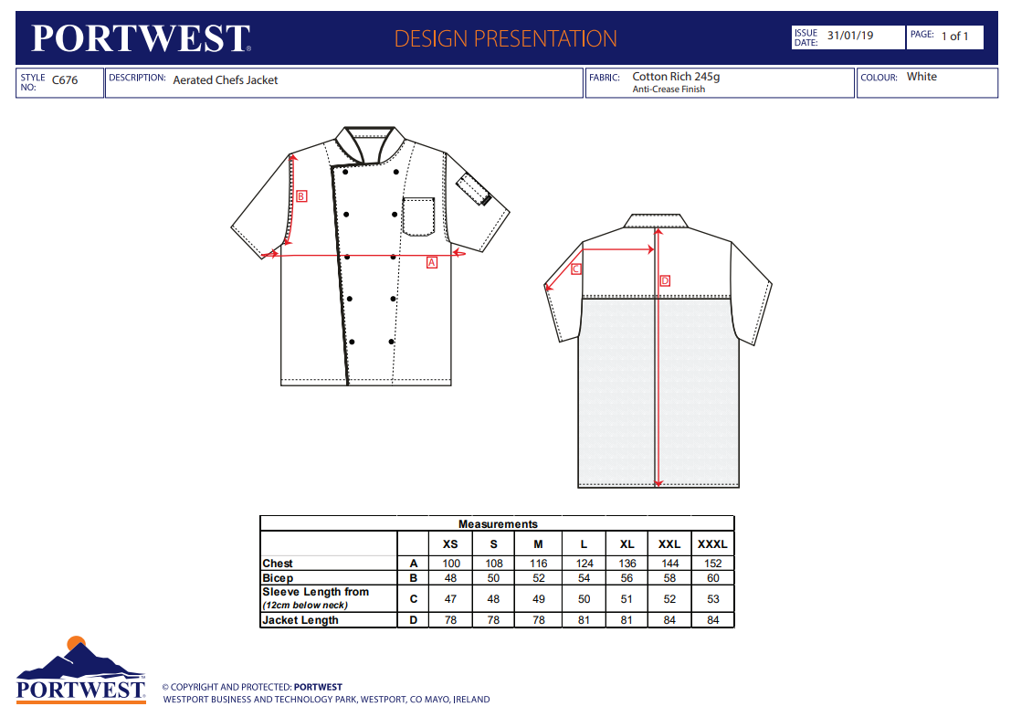Kochjacke mit Mesh-Einsatz im Rücken C676 Portwest weiß (Gr.XS-XXXL)
