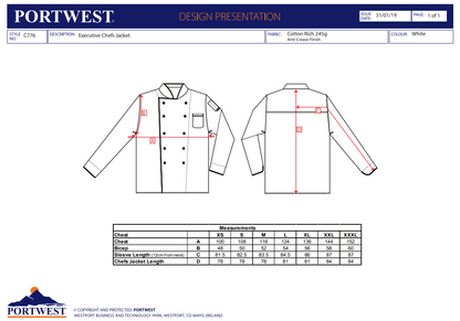 Kochjacke Executive C776 Portwest weiß (Gr.XS-XXXL)