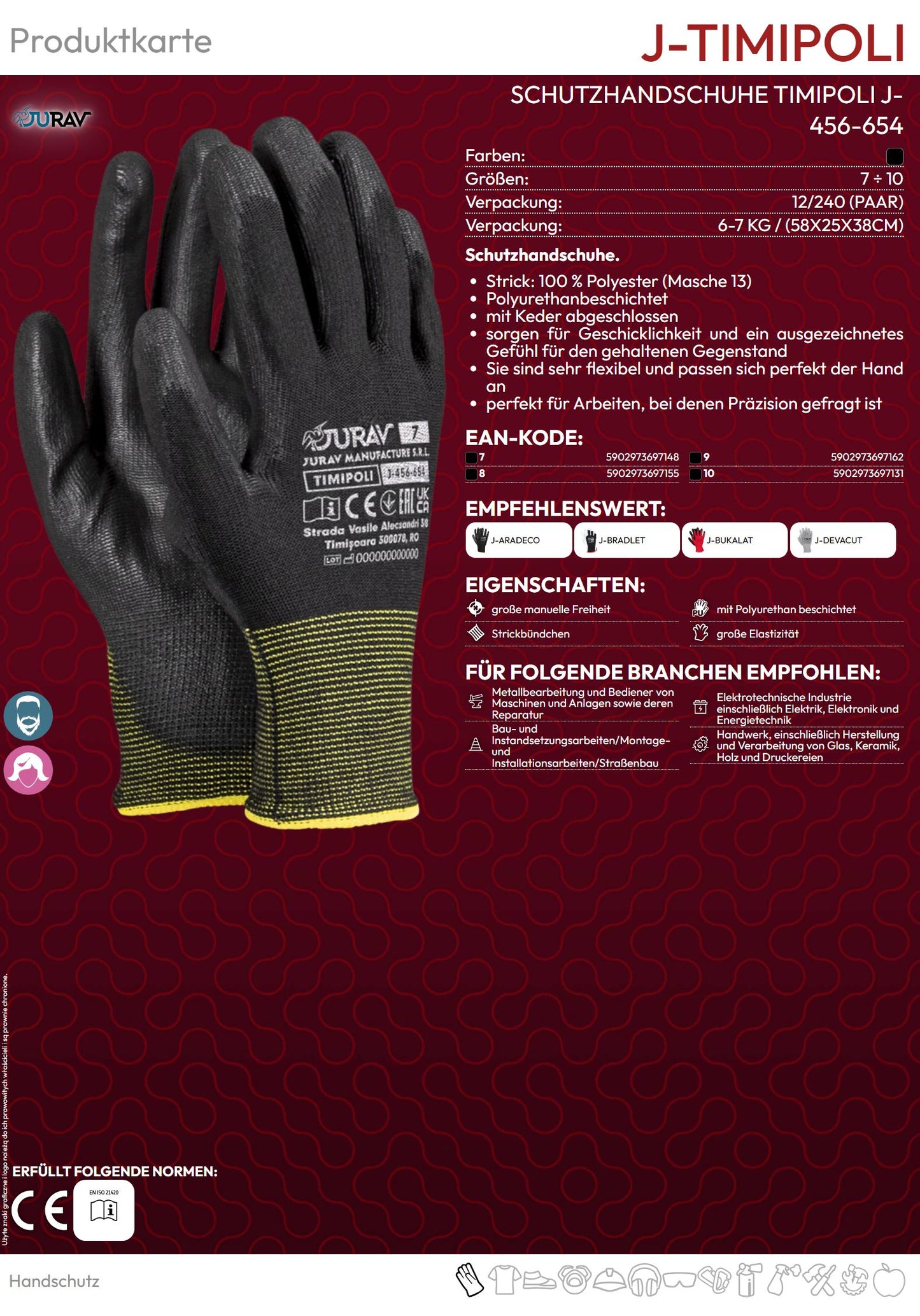 Nylonhandschuhe mit PU-Beschichtung JURAV TIMIPOLI schwarz (Gr.7-10)