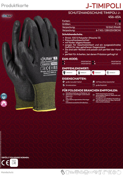 Nylonhandschuhe mit PU-Beschichtung JURAV TIMIPOLI schwarz (Gr.7-10)