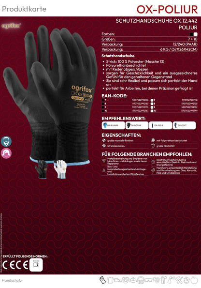 Nylonhandschuhe mit PU-Beschichtung OGRIFOX POLIUR schwarz (Gr.7-10)