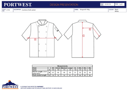 Kochjacke Cumbria C733 Portwest schwarz/weiß (Gr.XS–4XL)