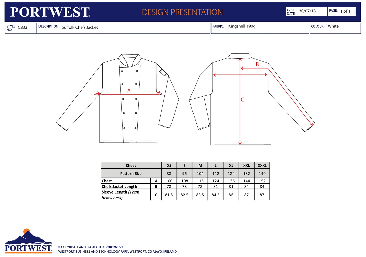 Kochjacke Suffolk C833 Portwest schwarz/weiß (Gr.XS-XXXL)